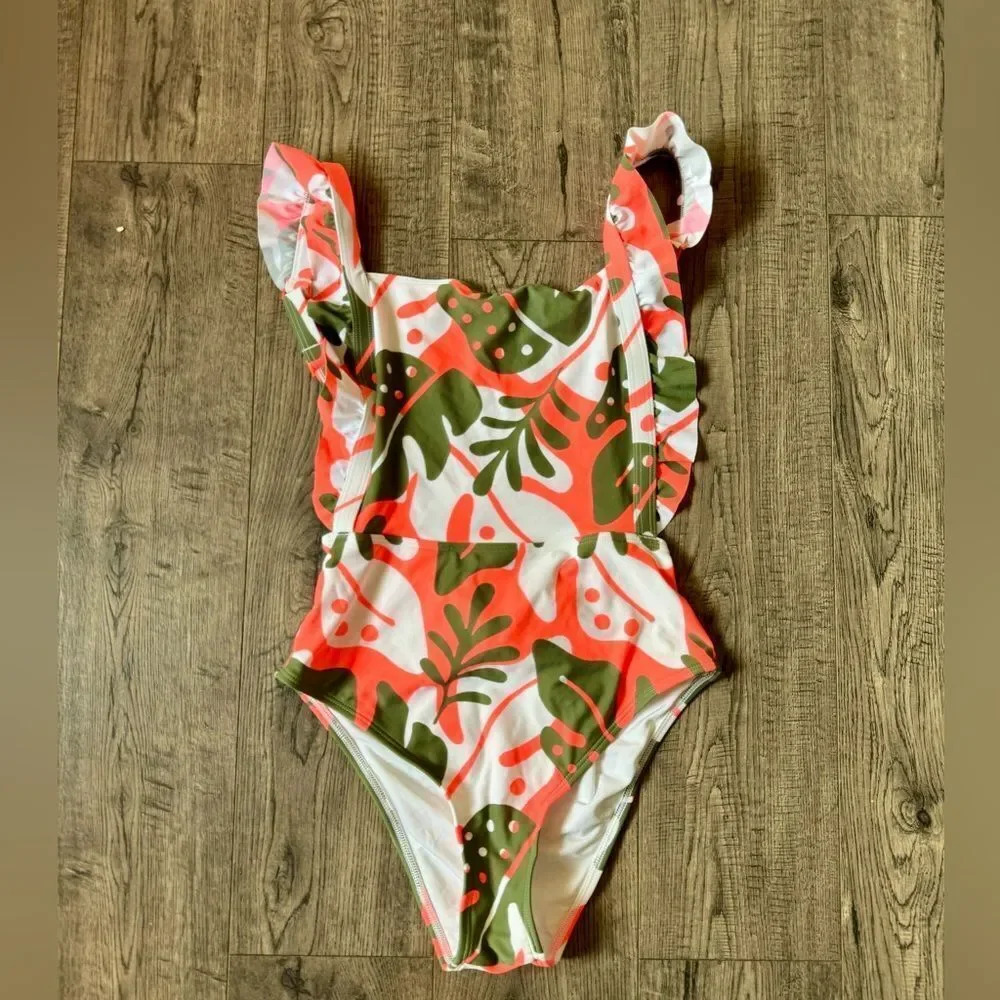 Aerie Tropical Print One Piece Swimsuit - Pink and Green - Picture 1 of 6